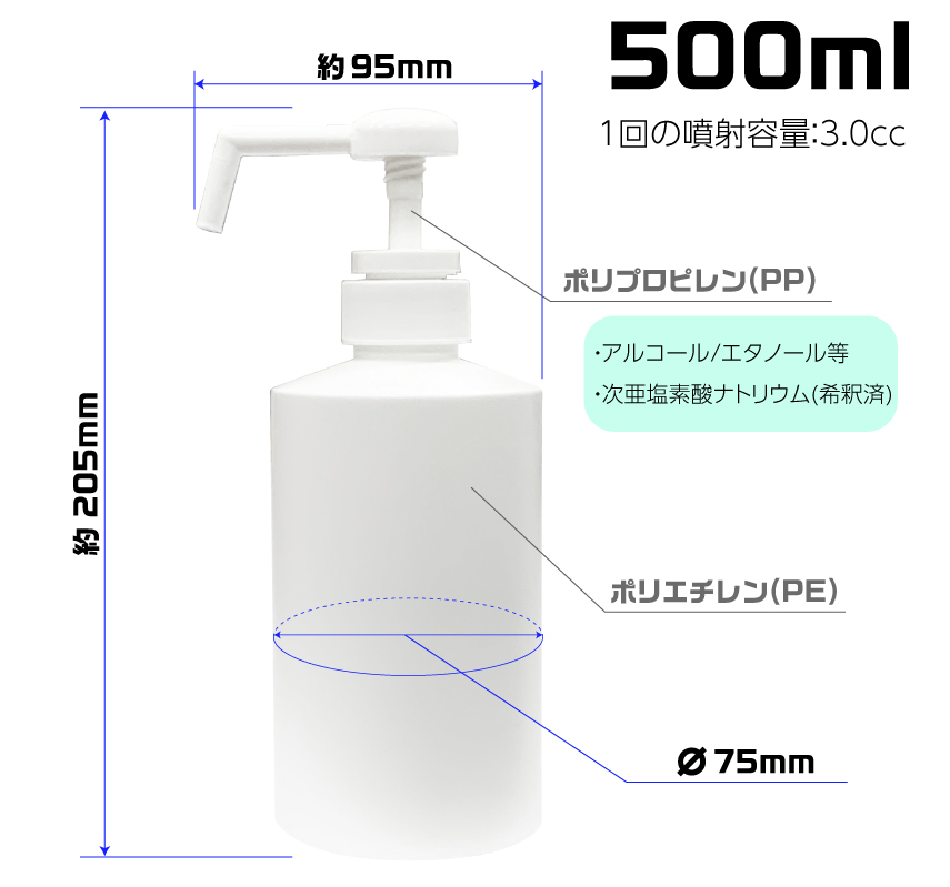 泵瓶500毫升带淋浴喷嘴，白色，停电，圆形
