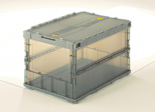 薄的折叠容器Skelcon，带有滑动锁盖，透明黑色